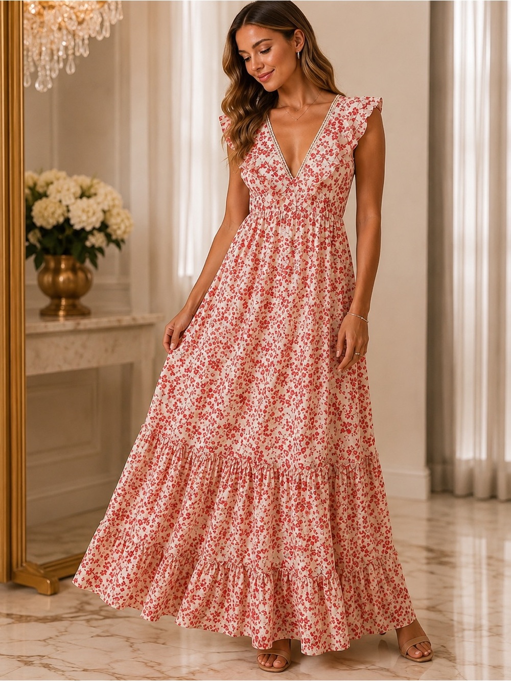 Lulu’s Romantic Floral Ruffle Maxi Dress • Cottagecore Garden Party Dream • NWOT